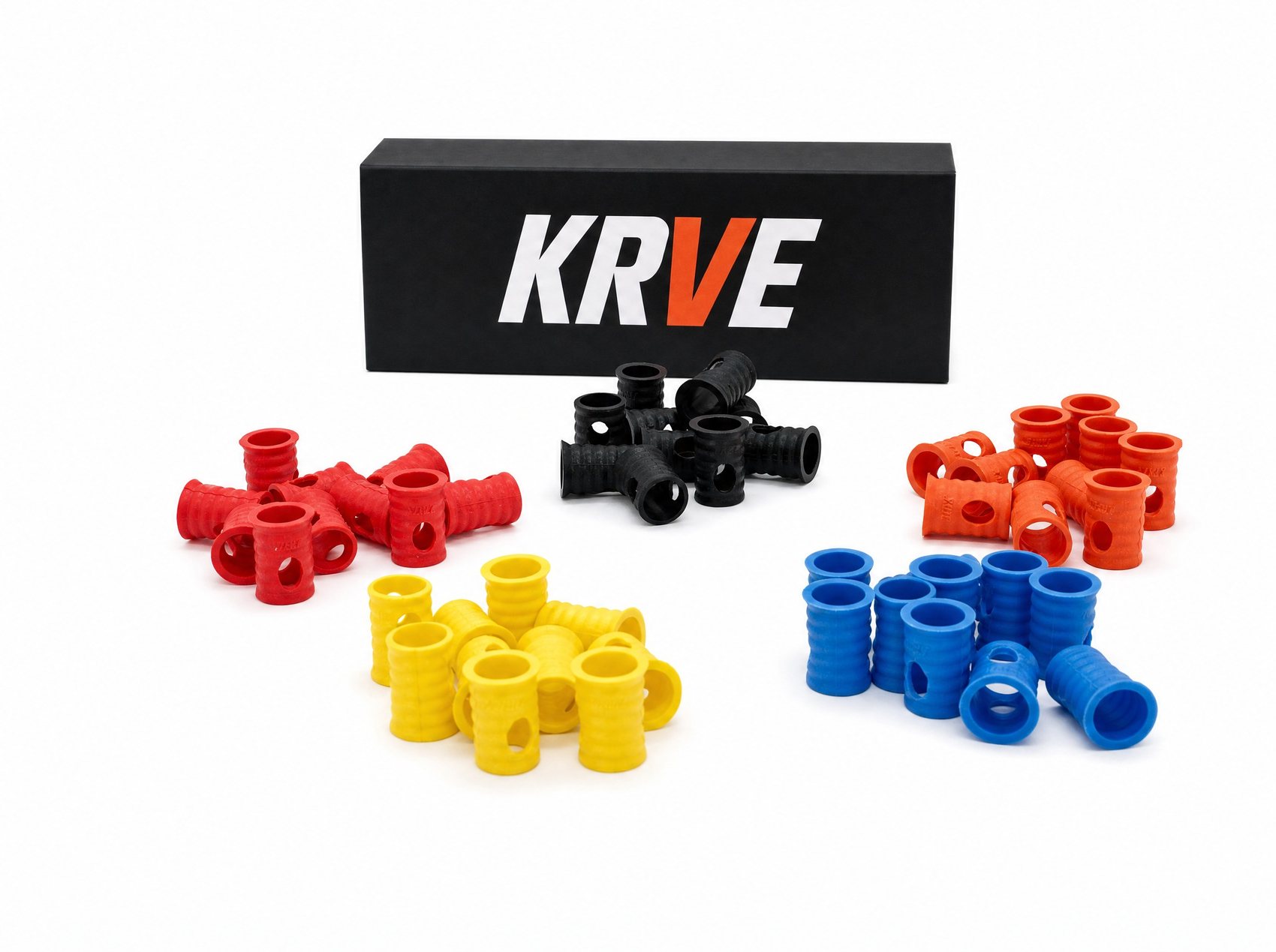 KRVE REACT dampeners grouped by color beside the KRVE box